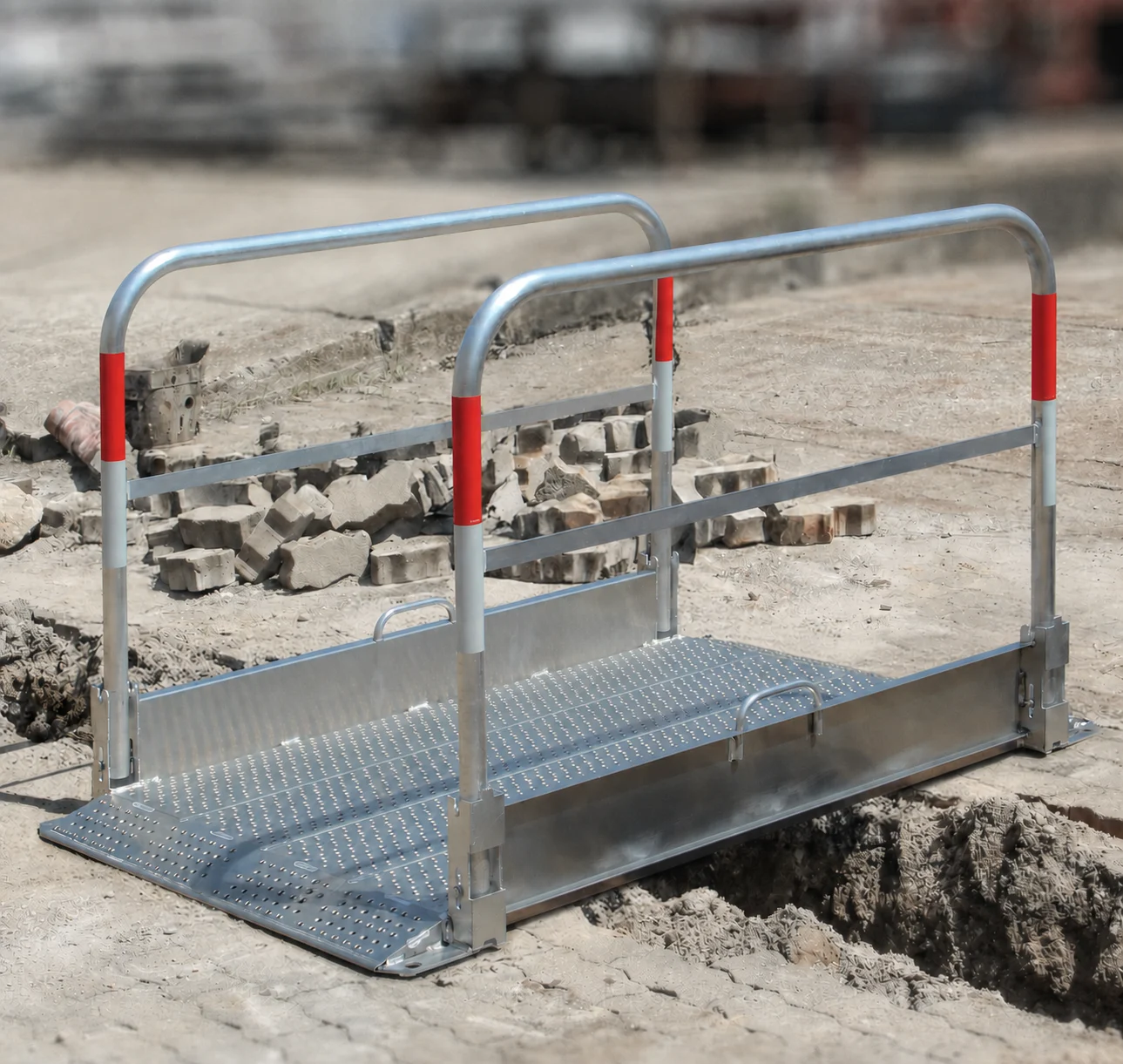Temporäre Aluminium Grabenbrücke mit seitlichen Geländern auf einer Baustelle